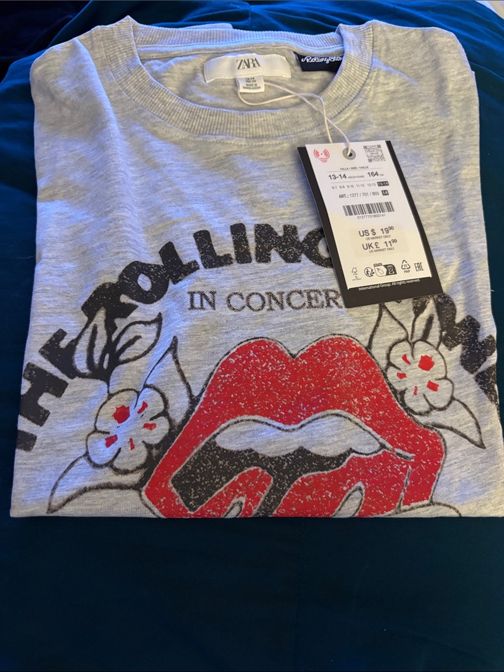 ZARA Gray Short-Sleeve Tee with Red Lips Graphic